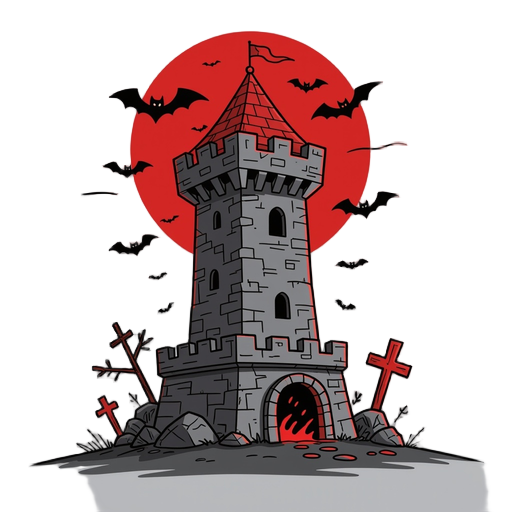 tower, tower defense game, hell theme, citadelle, rough pencil sketch style with overlapping lines, colored, dark red, black, thick black outlines 