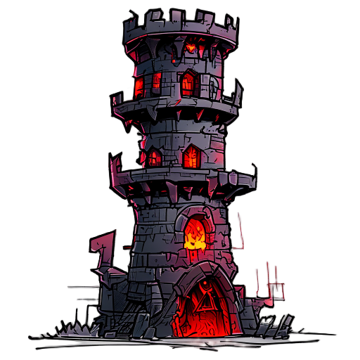 tower, tower defense game, hell theme, citadelle, rough pencil sketch style with overlapping lines, colored, dark red, black, thick black outlines 