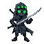 a cyborg wearing three green night vision goggles, dressed in a ninja cloak with a belt tied around the waist, holding a long katana in a cool and stylish pose.