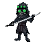 a cyborg wearing three green night vision goggles, dressed in a ninja cloak with a belt tied around the waist, holding a long katana in a cool and stylish pose.