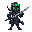 a cyborg wearing three green night vision goggles, dressed in a ninja cloak with a belt tied around the waist, holding a long katana in a cool and stylish pose.