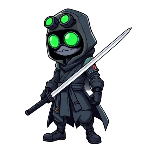 a cyborg wearing three green night vision goggles, dressed in a ninja cloak with a belt tied around the waist, holding a long katana in a cool and stylish pose.