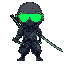 a cyborg (small head) wearing three green night vision goggles, dressed in a ninja cloak with a belt tied around the waist, holding a long katana in a cool and stylish pose.