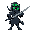 a cyborg wearing three green night vision goggles, dressed in a ninja cloak with a belt tied around the waist, holding a long katana in a cool and stylish pose.