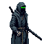 a cyborg (small head) wearing three green night vision goggles, dressed in a ninja cloak with a belt tied around the waist, holding a long katana in a cool and stylish pose.