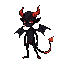 smooth pixel demon stickman, black body, red horns, small wings, flaming tail (red-yellow-orange-purple), idle pose, gentle breathing, soft flames. 32x64 px.