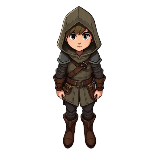 the character is a young adventurer wearing a hooded cloak, leather armor, and boots.