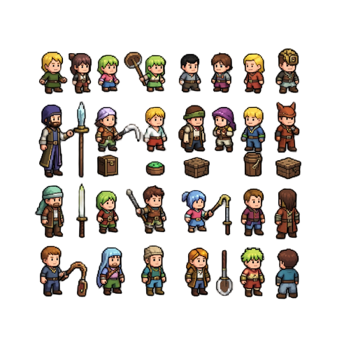 a pixel-art sprite sheet for a top-down 2d jrpg dungeon crawler in the style of classic 16-bit snes rpgs (think secret of mana, chrono trigger, stardew valley). pure transparent background (png alpha). crisp 1-pixel black outline. limited palette of 8-10 