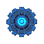 create a 2d digital illustration of a space mining drone in a futuristic, sci-fi style. the drone should have a mechanical, circular body resembling a gear with a central glowing blue core. the outer 