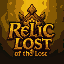 logo for a game called "relic of the lost". text in foreground and evil relic in the background. gold aesthetic