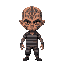 a bald prisoner with tribal face tattoos and red eyes.