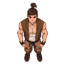 man 19year , brown color , hair tied up , without board .. top down .. like tekken .. ful body 
