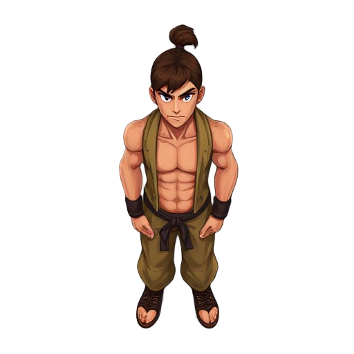 man 19year , brown color , hair tied up , without board .. top down .. like tekken .. ful body