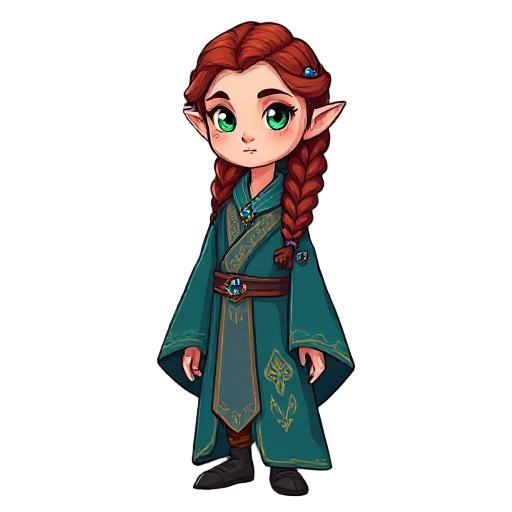  young elven mage (20s), auburn braided hair with sapphire gems, emerald eyes, teal robe with gold embroidery, relaxed regal pose, soft twilight forest background.  limited pa