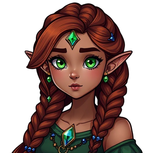 a wide-angle portrait of a young elven mage, 22 years old, with olive skin, auburn hair intricately braided with sapphire gemstones woven throughout, and piercing emerald eyes.  she is dressed in a fl