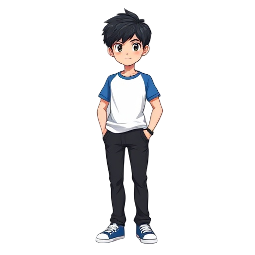 create a boy student character anime, black hair, blue white t-shirt, black pants.