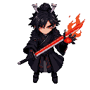 samurai kaito, black hair, red eyes, dark kimono with armor, katana glowing red fire, determined face, right hand demonic with claws, mystical flames, dark fantasy