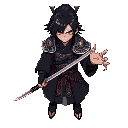 samurai warrior kaito, black hair, red eyes, traditional dark kimono with metal armor plates, single katana with ornate handle, determined expression, right hand demonic with claws, mystical aura, dark fantasy japanese style