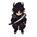 samurai warrior kaito, black hair, red eyes, traditional dark kimono with metal armor plates, single katana with ornate handle, determined expression, demonic features from underworld, small horns, mystical aura, dark fantasy japanese style