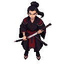 samurai warrior, black and red kimono, katana with red and purple flames, determined face, left hand demonic with claws, holding sword in sheath at waist, black ponytail, mystical aura, dark fantasy japanese style
