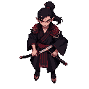 samurai kaito, black and red kimono, katana with red and purple flames, determined face, demonic features, one red eye, left arm demonic with claws, holding sword in sheath at waist, black ponytail, dark fantasy