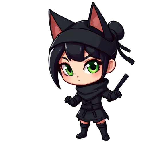 catgirl with black hair and green eyes in a black ninjasuite