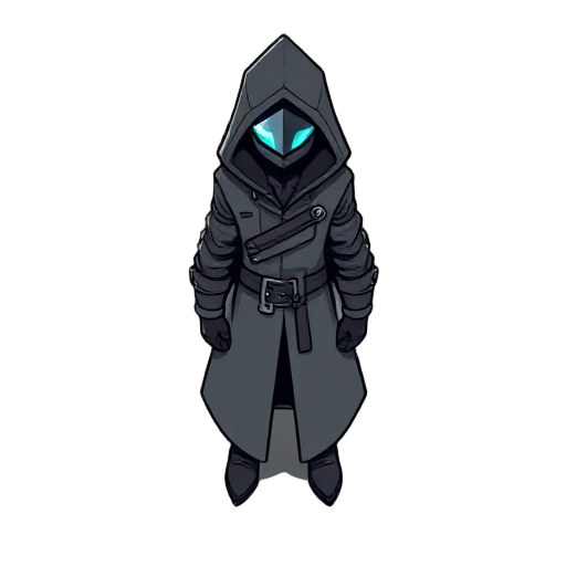 a figure wearing a long duster coat, hood, and iron visor color palette: muted gray tones with one bright cyan accent. character is glitching slightly with subtle color distortions. 