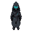 a figure wearing a long duster coat, hood, and iron visor, in the style of nuclear throne player characters. color palette: muted gray tones with one bright cyan accent. character is glitching slightly with subtle color distortions. 
