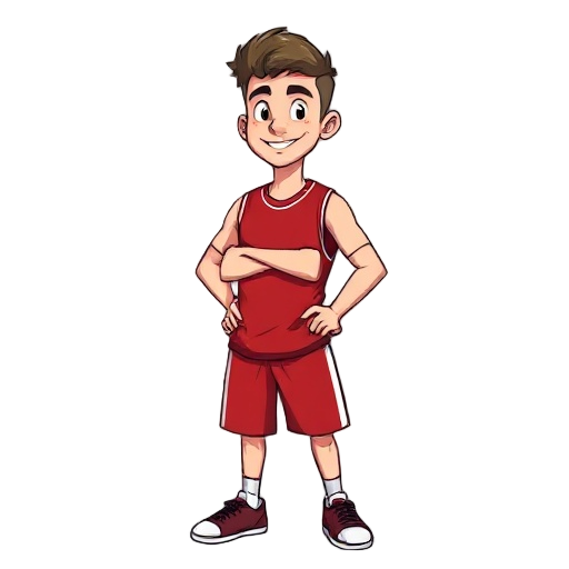 homem de 17 anos, de pele parda com um tom marrom-médio, com cabelos curtos, escuros e encaracolados, e um físico atlético e magro. ele está usando um boné de beisebol vermelho, uma regata preta justa, shorts de basquete vermelhos com listras brancas nas 