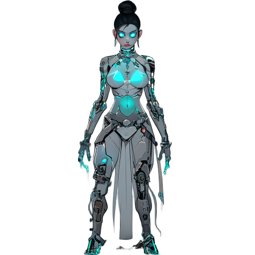 create a full-body digital art piece for a fighting game character named aya, "the cybernetic priestess."  appearance: she has fair skin, long black hair styled in a complex bun, and eyes that glow in shades of blue and cyan. her body is partially cyberne