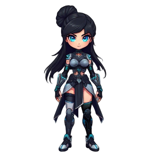create a full-body digital art piece for a fighting game character named aya, "the cybernetic priestess."  appearance: she has fair skin, long black hair styled in a complex bun, and eyes that glow in shades of blue and cyan. her body is partially cyberne