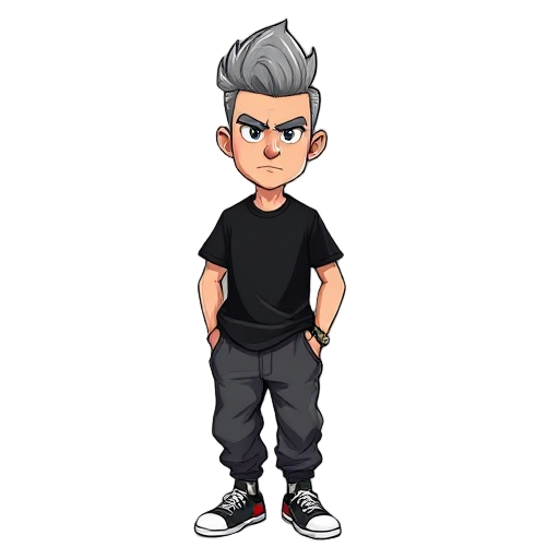 a man, 5'9", £75,000,  stern expression  gray hair in a low pompadour, average build, black rock t-shirt, baggy hip-hop pants, sneakers