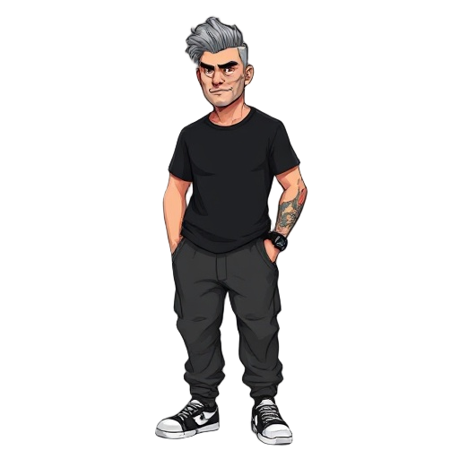 a man, 5'9", £75,000,  stern expression  gray hair in a low pompadour, average build, black rock t-shirt, baggy hip-hop pants, sneakers