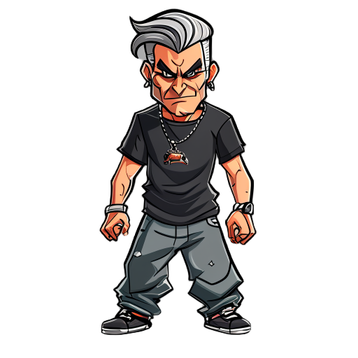 man with gray hair, low pompadour, evil face, rock and roll t-shirt and baggy pants