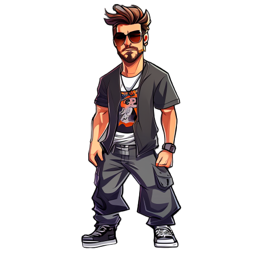 man in rock and roll t-shirt and baggy pants