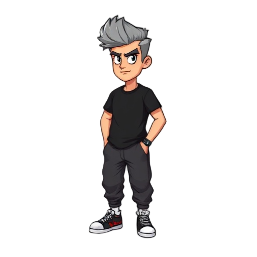 a man, 5'9", £75,000,  stern expression  gray hair in a low pompadour, average build, black rock t-shirt, baggy hip-hop pants, sneakers