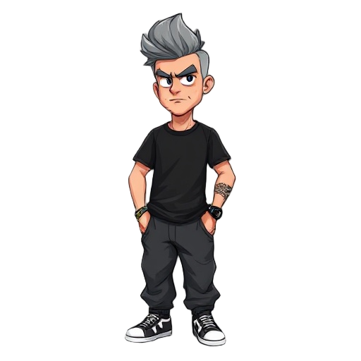 a man, 5'9", £75,000,  stern expression  gray hair in a low pompadour, average build, black rock t-shirt, baggy hip-hop pants, sneakers