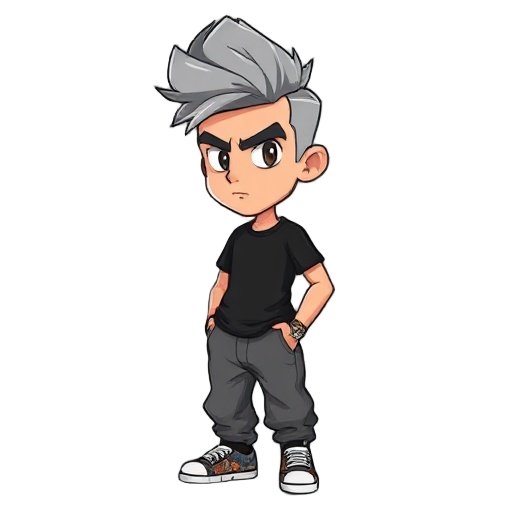 a man, 5'9", £75,000,  stern expression  gray hair in a low pompadour, average build, black rock t-shirt, baggy hip-hop pants, sneakers