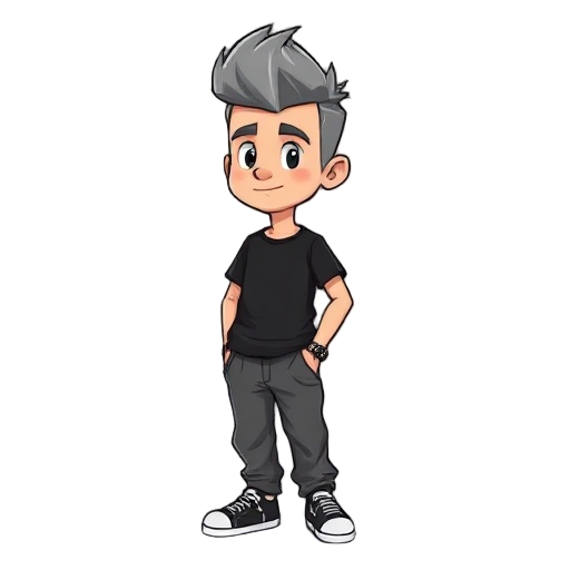 a man 1.75 tall, 75k, gray hair with a low pompadour, normal body type, black rock t-shirt, loose hip hop style pants, sneakers