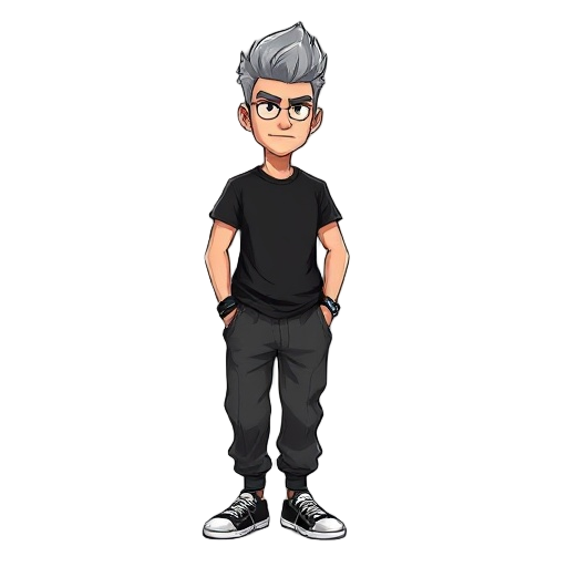 a man, 5'9", £75,000,  stern expression  gray hair in a low pompadour, average build, black rock t-shirt, baggy hip-hop pants, sneakers