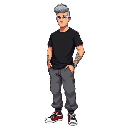 a man, 5'9", £75,000,  stern expression  gray hair in a low pompadour, average build, black rock t-shirt, baggy hip-hop pants, sneakers