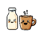 a bottle of milk side by side with hot coffee cup, both with happy face