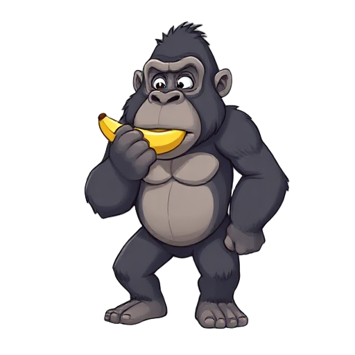 a gorilla eating a banana on a white background