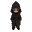 mysterious wanderer wearing a long closed cloak with a large hood. only two large, expressive glowing eyes visible under the shadowed hood. dark, muted colors: brown, dark green, gray, wine red.