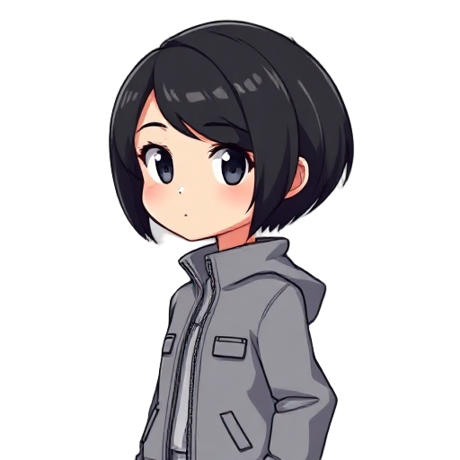 a girl with black short hair and a grey jacket full body