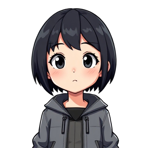 a girl with black short hair and a grey jacket