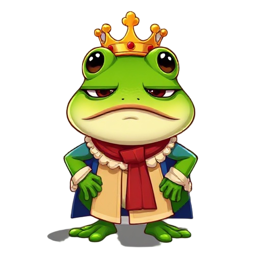 a noble frog with a bored look, wearing a gold crown, aristocratic blue and beige outfit with ruffles, red scarf, upright posture, and tongue hanging to the side.