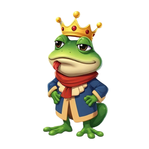 a noble frog with a bored look, wearing a gold crown, aristocratic blue and beige outfit with ruffles, red scarf, upright posture, and tongue hanging to the side.
