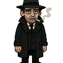 detetive ryan 35 usa chapéu com sobretudo preto, com cigarro noir com mistura de anos 60 e fantasia, ele é cansado, misterioso 