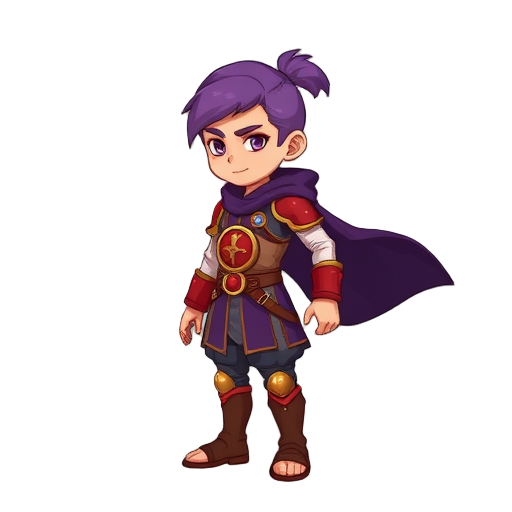 young male warrior, purple ponytail, red/gold circle armor, dark purple cape, walking right. platform style
